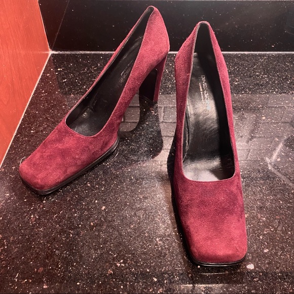 Shoes - Italian Suede Block Pumps Heels - Eggplant